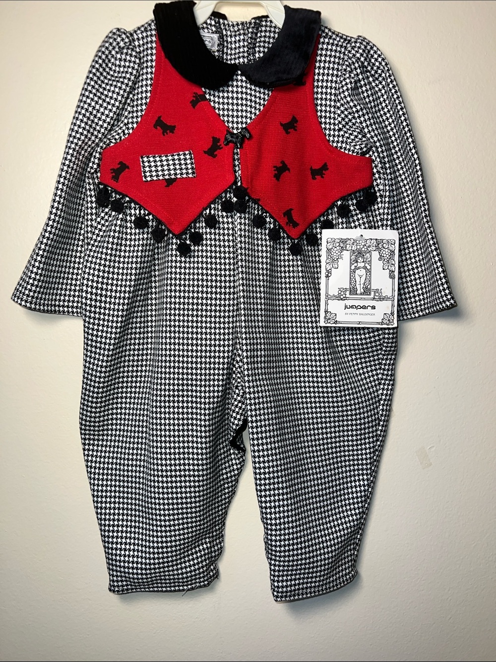 VTG 1990's Kids Black & White Houndstooth Romper Red Vest Scottie Dog Accent NOS